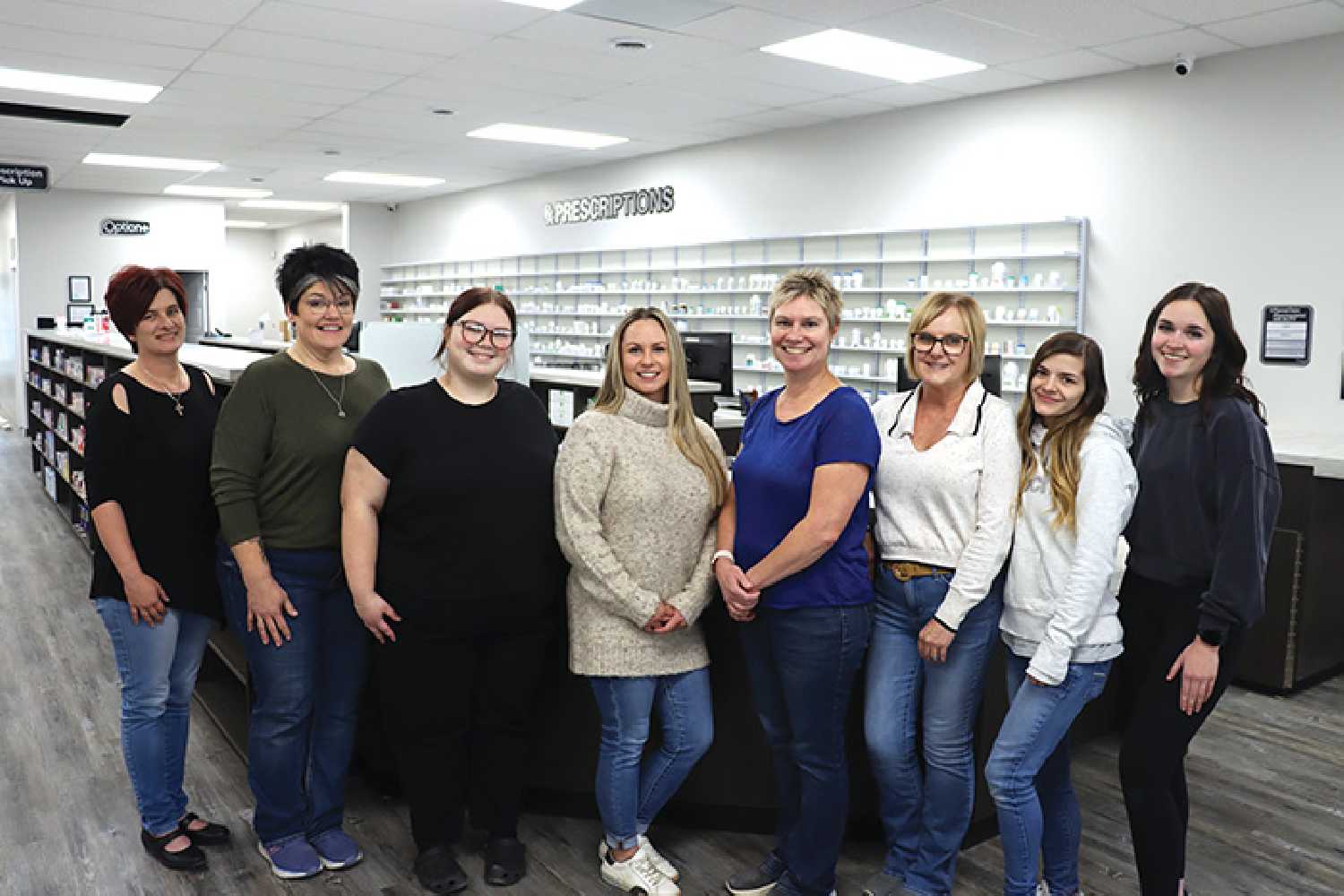 The staff of Karis Pharmacy, which will open this week. From left are Laurika Fourie, Leanne Cook, Paige Lowe, Karla Bell, Kari Meyers, Julie Bell, Kayla Farquharson, and Kobielle Locke.